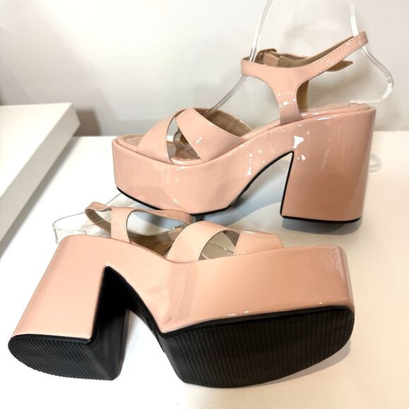 MKS Platform Sandals Pink Blush Nude Retro 70s Chunky Patent Leather 8 - Picture 6 of 9